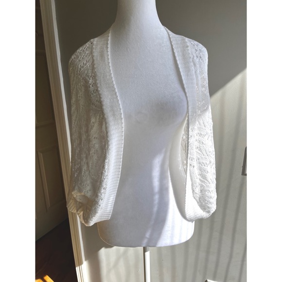 Jeanne Pier Crochet Knit Bolero Shrug Sweater Cover Up Open Front White Cardigan - Picture 1 of 10